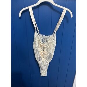 Vtg‎ 80s Gold Label Victorias Secret White Lace Sheer Teddy Button  Coquette S